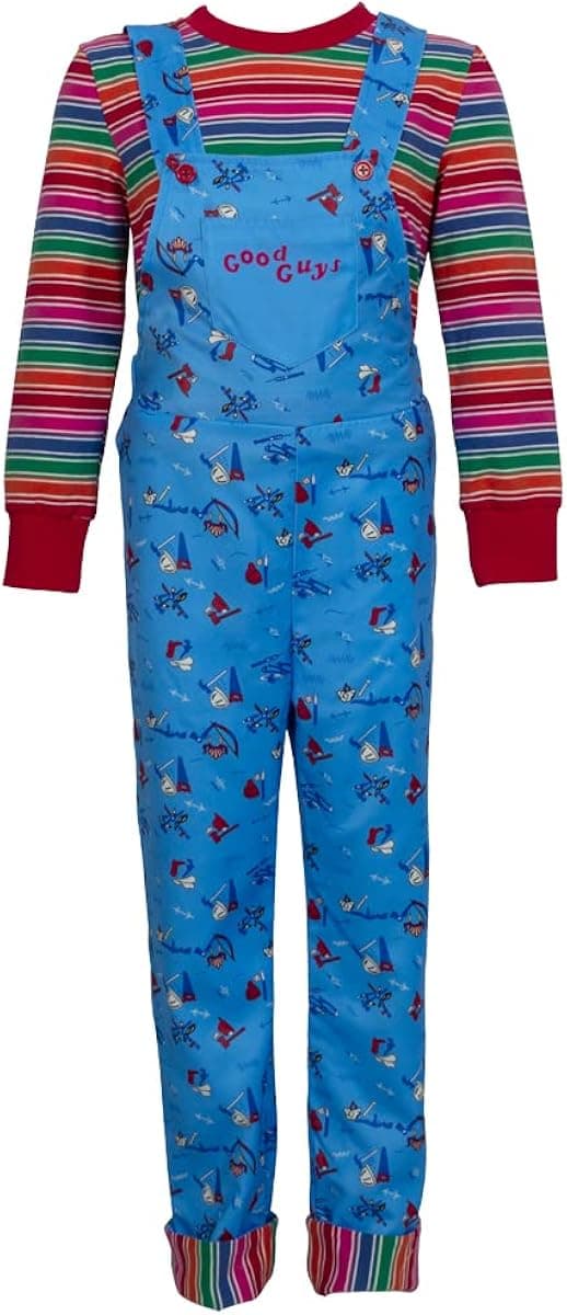 Kids Boys Girls Chucky Costume Halloween Rainbow Stripe Jumpsuit Good Guys Doll Cosplay Overall