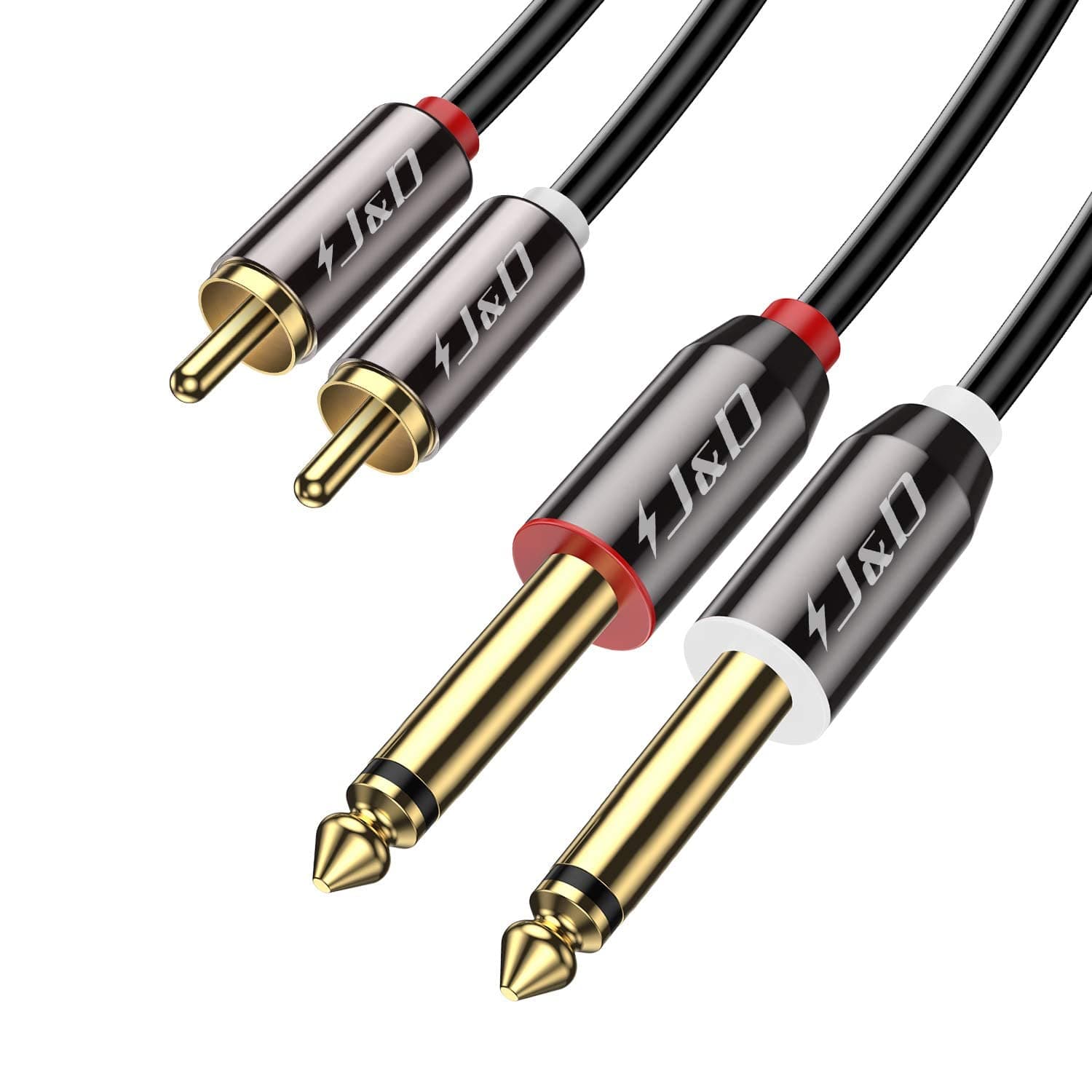 J&D RCA to 1/4 Cable, Dual 1/4 inch TS to Dual RCA Stereo Audio Interconnect Cable, Gold Plated Copper Shell Heavy Duty 2X 6.35mm 1/4 inch Male TS to 2 RCA Male Adapter Cable, 9 Feet