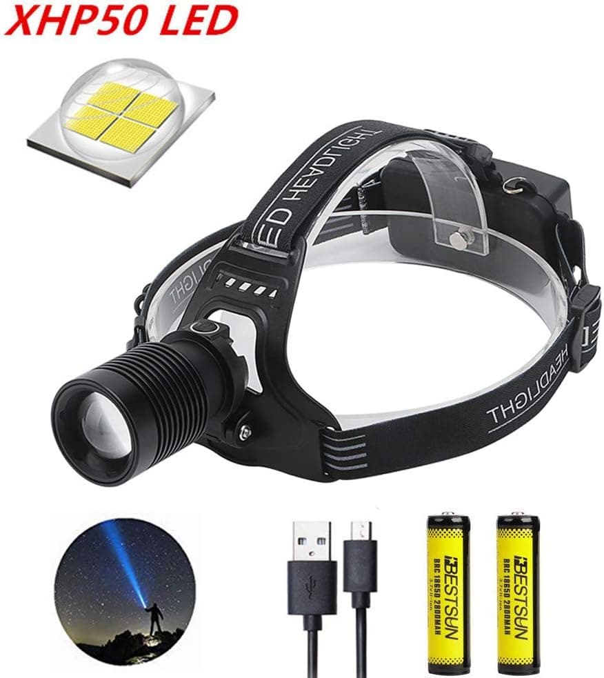 BESTSUN LED Headlamp Rechargeable, Super Bright XHP50 6000 Lumens Zoomable LED Headlamp 3 Modes Headlight Waterproof Head Torch for Camping Hiking with Batteries USB Cable