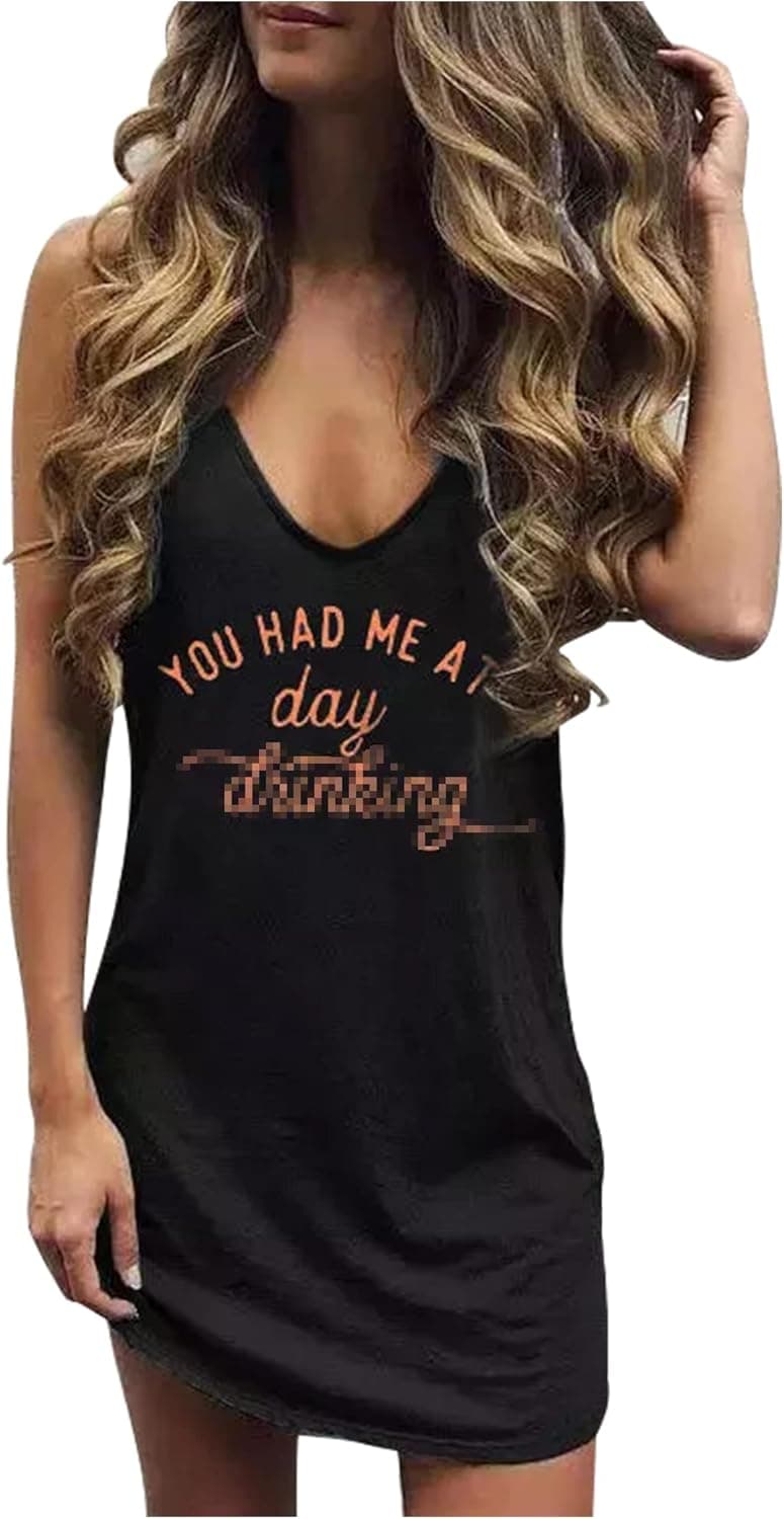 Summer V Neck Mini Dress for Women Casual Beach Sleeveless Tshirt Sundress Sexy Vintage Graphic Tank Dresses