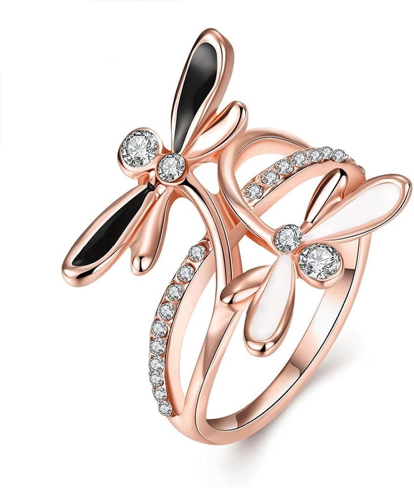 LuckyWeng New Exquisite Fashion Jewelry Rose Gold Dragonfly Diamond Zircon Ring
