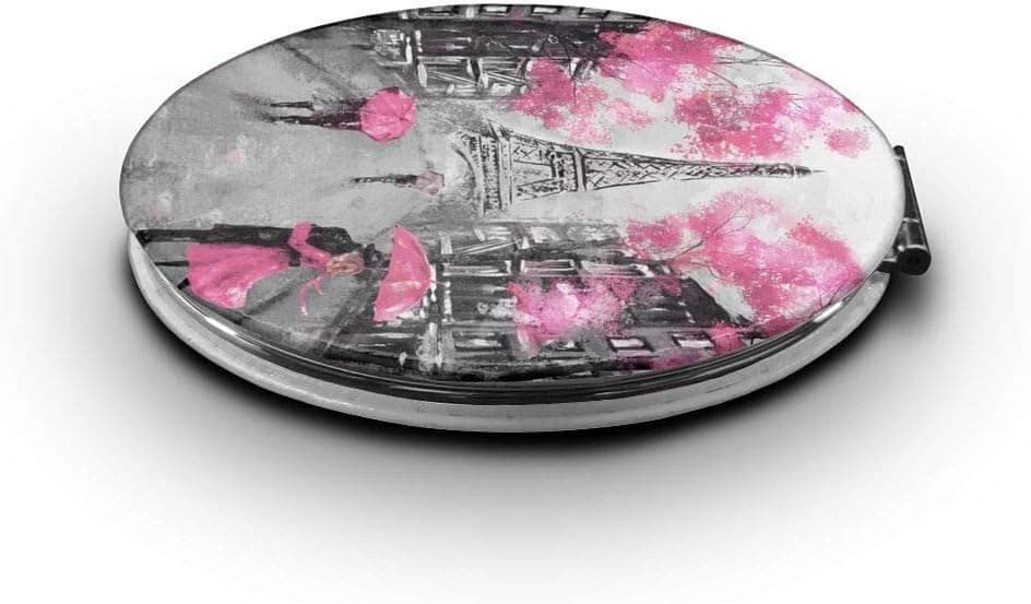 Compact Mirror Art Paris Street Eiffel Tower Pink Floral Pocket-Size Travel Double Sided Makeup Mirror 1x/2x Magnification Portable Folding Cosmetic Mirrors