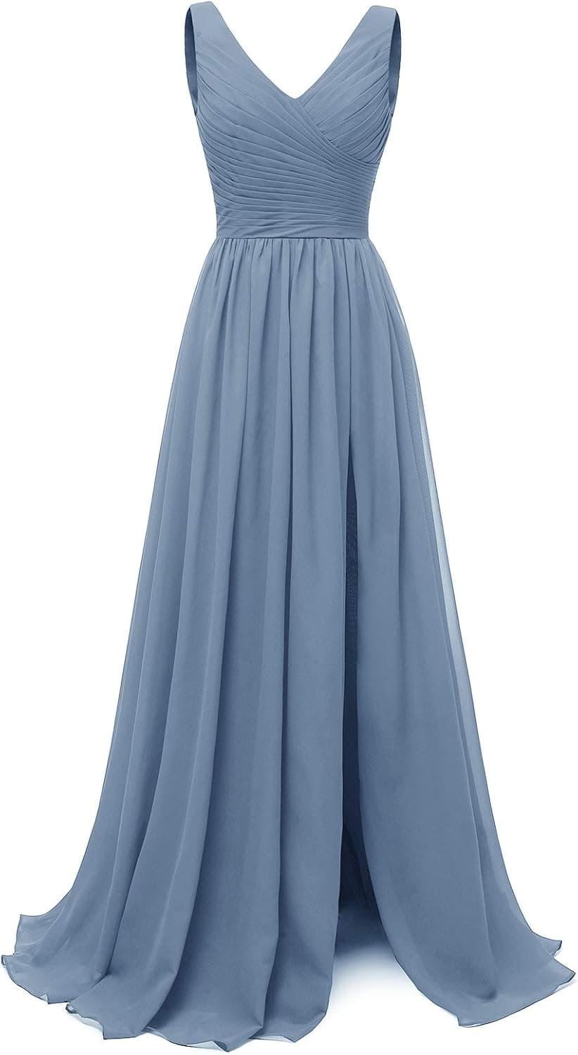 Molisa V Neck Bridesmaid Dresses Long Slit Chiffon Pleated Prom Dress Formal Evening Gown Dusty blue-14