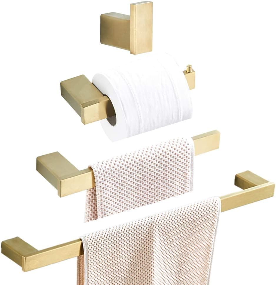 WEIKO Gold Bathroom Accessories, Brushed Gold Towel Bar Toilet Paper Holder Towel Ring and Robe Hook Bathroom Hardware Set Wall Mount Stainless Steel Square, 4 Piece