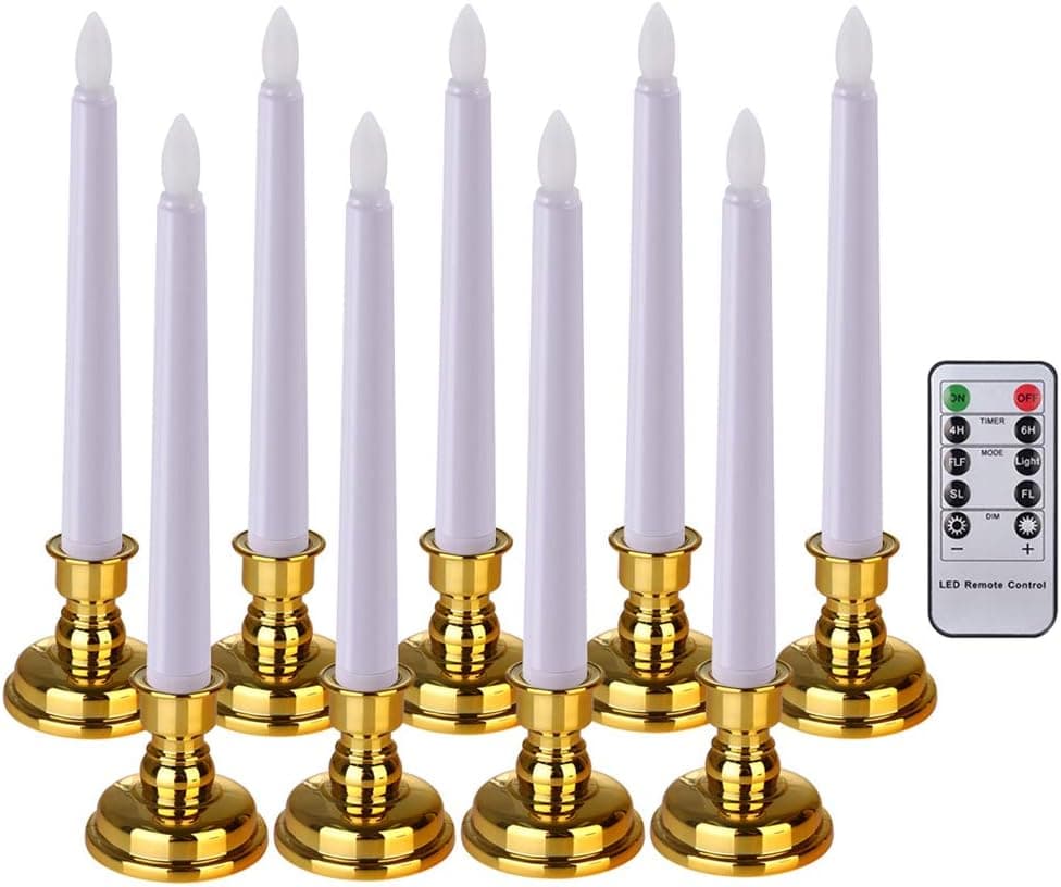 PChero Battery Operated Taper Candles, 9pcs LED Flameless Window Candles with Remote Timer and Candle Holders for Dinner Banquet Church Wedding Birthday Holiday Themed Party Decorations