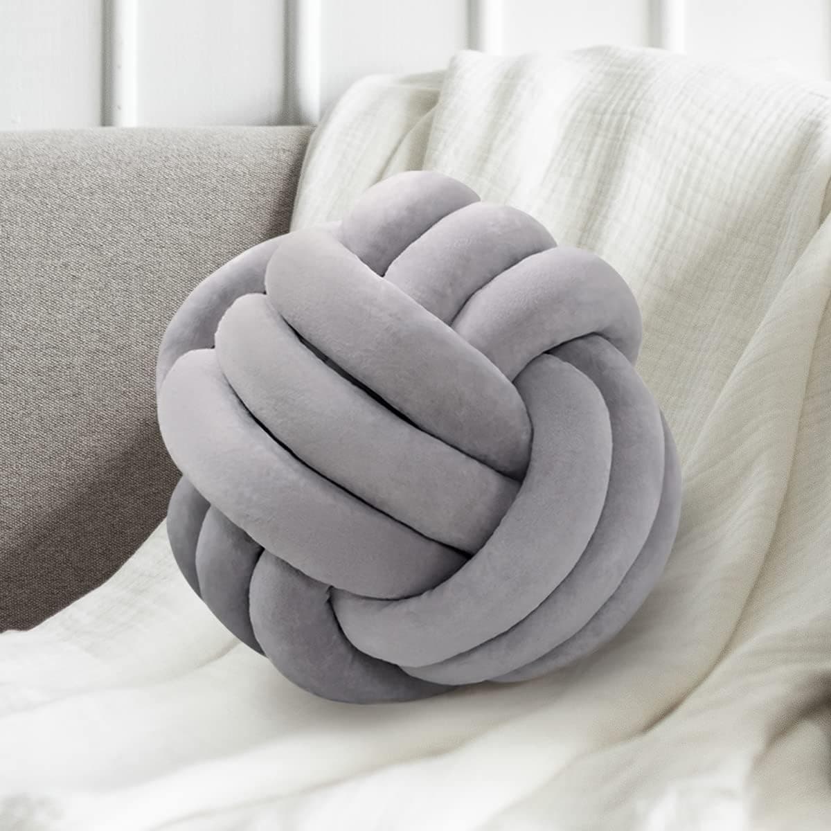 Jugbey Knot Pillow Ball,Soft Light Grey Plusch Knotted Round Pillows for Sensory Stress Relieving, Aesthetic & Cute Small Decorative Throw Cushion for Bed, Floor, Couch, Bedroom Decor 7.8inches