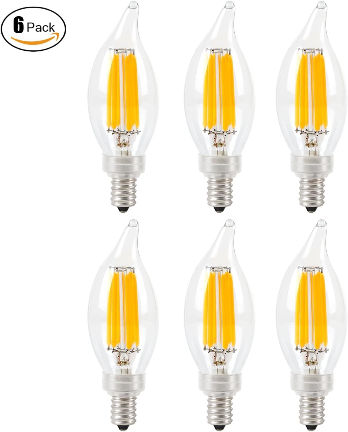 sunmeg CA10 LED Chandelier Bulbs, C32 6W LED Filament Bulb Dimmable, E12 Base, 2700K Warm White, Equivalent to 50W Incandescent Bulbs 6Pack