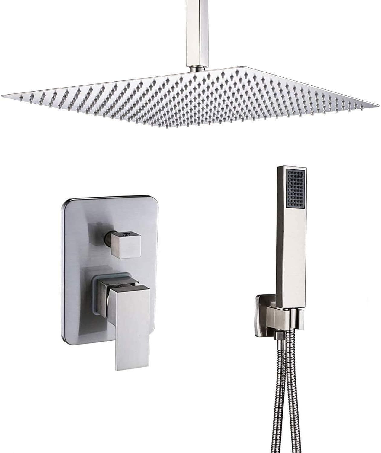 Ceiling Mount Shower System with High Pressure 16 Inch Rainfall Ultrathin Square Shower Head and Handheld Bathroom Shower Combo Set Rough-in Mixer Valve and Trim Included Brushed Nickel Finish