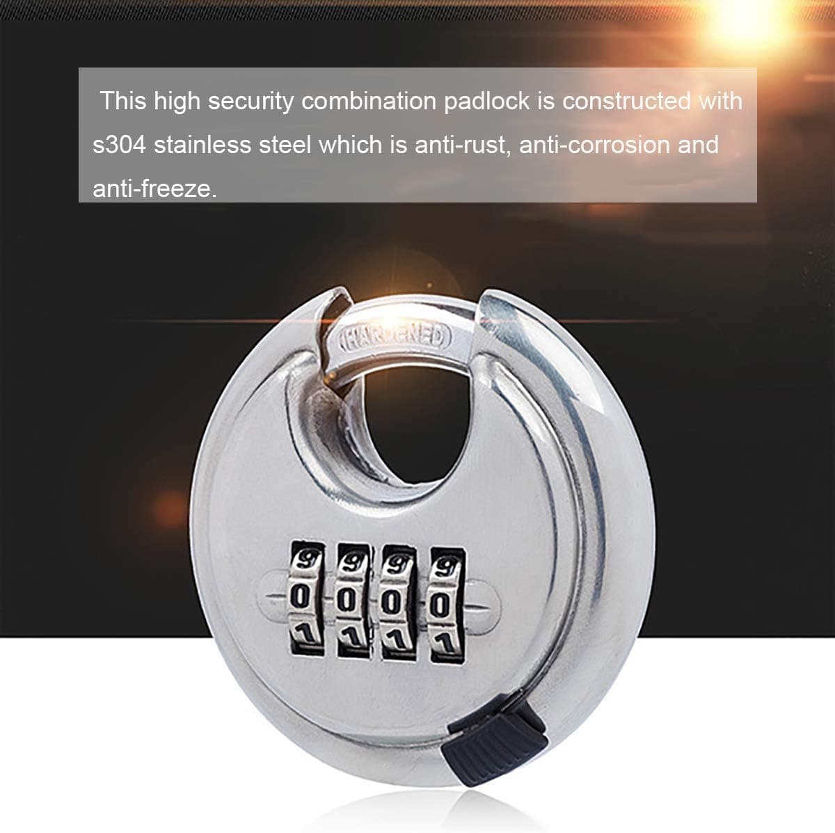 Resettable 4 Digits Stainless Steel Round Disc Combination Padlock with Hardened Shielded Shackle for Gym Fence Door Warehouse
