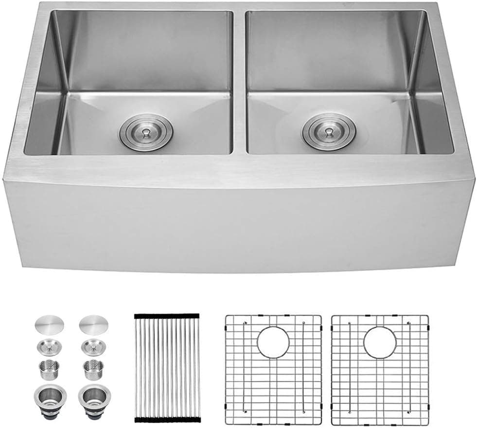 Sarlai 33 Inch Farmhouse Sink Double Bowl 50/50 Stainless Steel 16 Gauge Farm Kitchen Sink