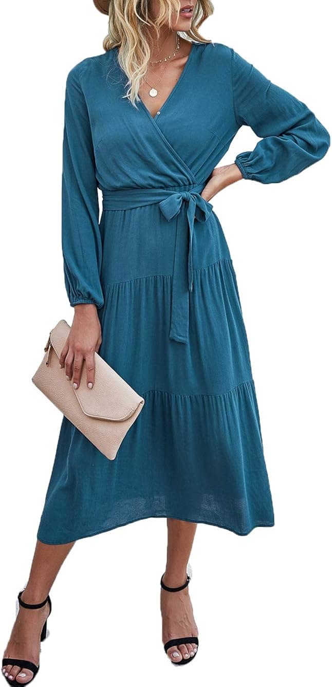 PRETTYGARDEN Women's Long Sleeve Midi Long Dress Wrap V Neck Tiered Fall Vintage Maxi Dresses