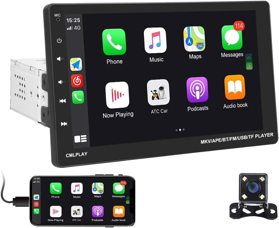 9 Inch Single Din Touch Screen Car Stereo with Apple Carplay Android Auto Adjustable Screen Car Radio with Bluetooth Backup Camera Car Audio Receiver Support FM Mirror Link