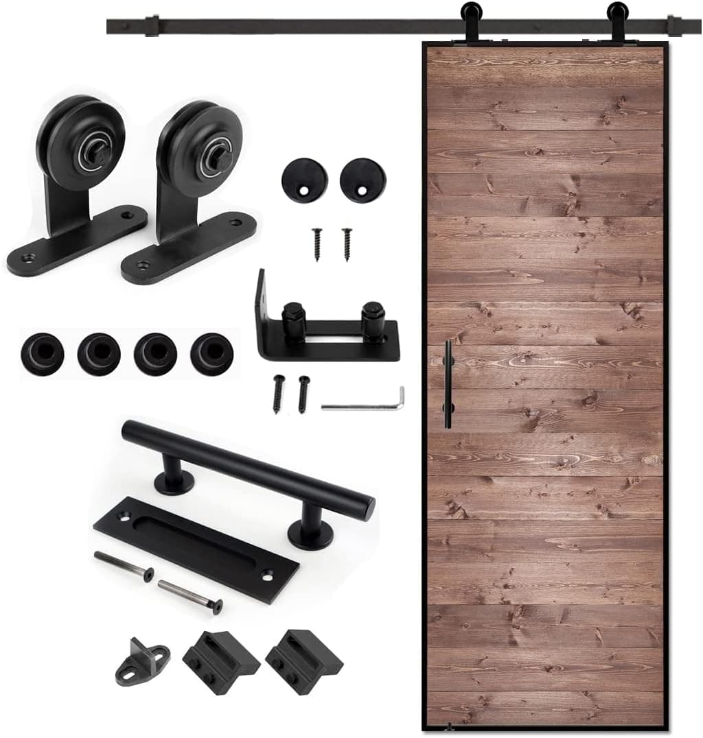 S&Z TOPHAND® 30 in. x 84 in. Brown Barn Door with 5FT Sliding Door Hardware Kit, 20-42in Stainless Steel Frame Modern Style Barn Door/Sliding Door/Simple Assembly is Required