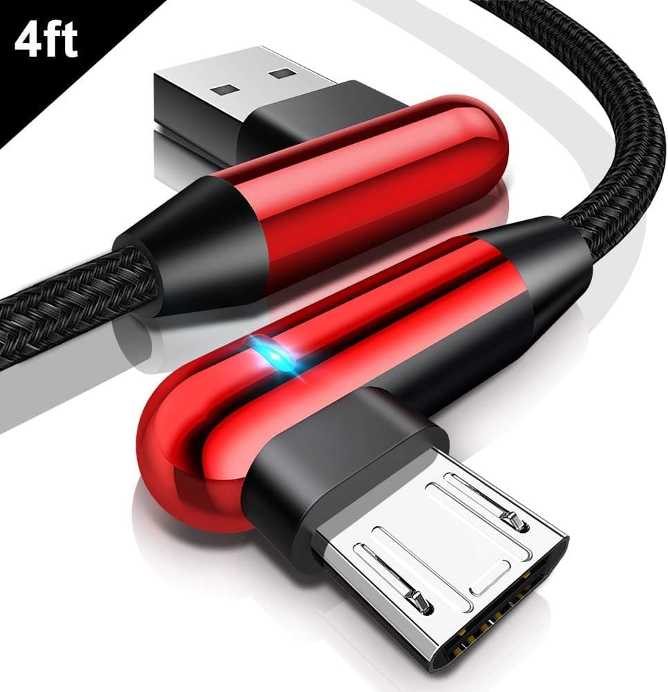 Right Angle Micro USB Cable with LED Light, CAFELE 4ft 90 Degree Android Charger Nylon Braided Reversible Micro USB Charging Cord Compatible for Android, Samsung, Nexus, LG, HTC, Nokia, Sony – Red