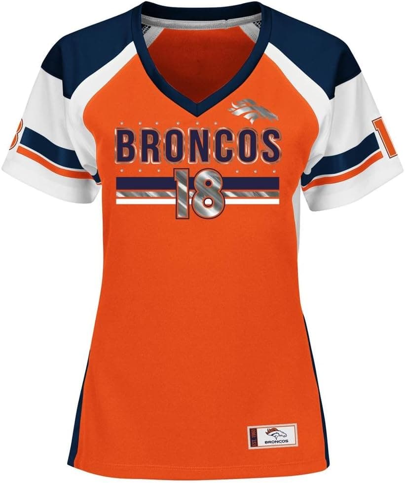 Majestic Peyton Manning Denver Broncos Women's Orange Draft Him Jersey Name and Number V-Neck T-shirt X-Large