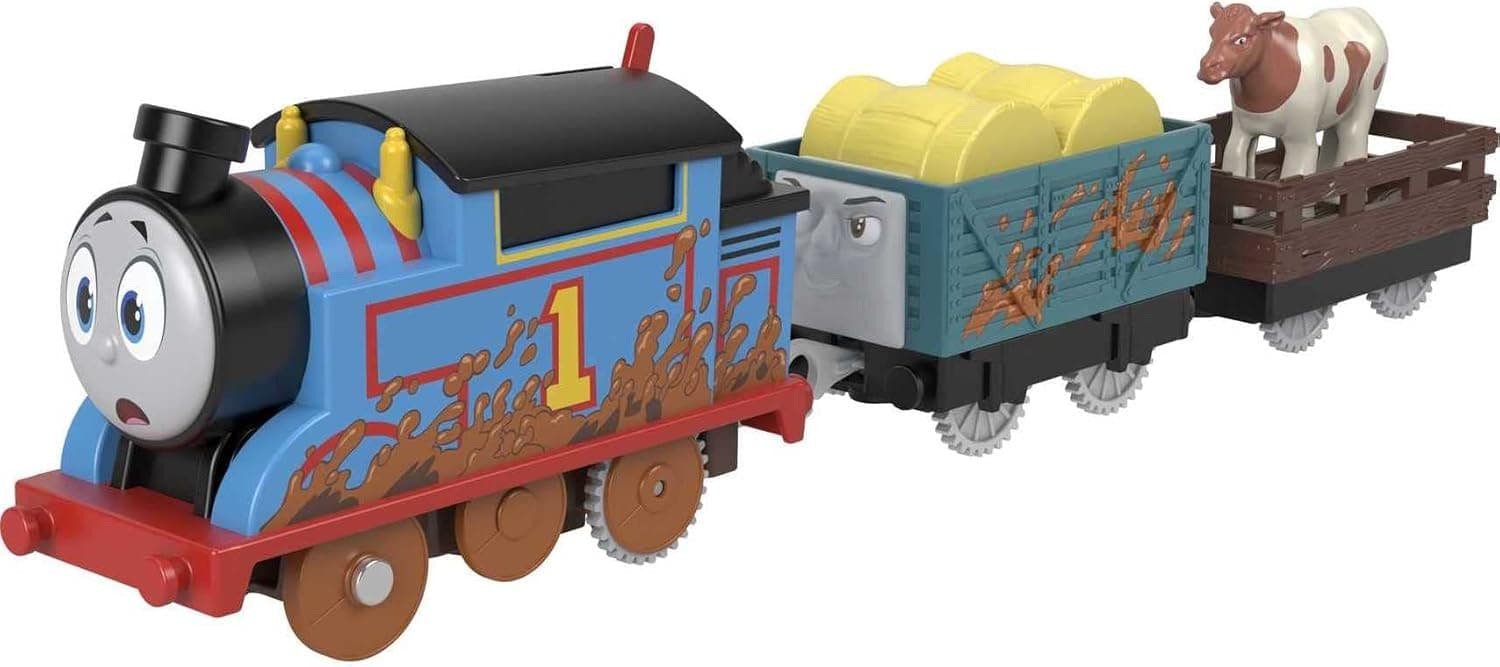 Thomas & Friends Motorized Toy Train Muddy Farm Thomas Engine with Cargo & Cow for Preschool Kids Ages 3+ Years