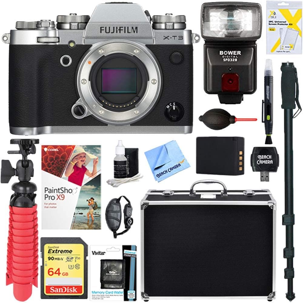Fujifilm X-T3 26.1MP Mirrorless Digital Camera - Body Only (Silver) + 64GB Memory & Flash Accessory Bundle