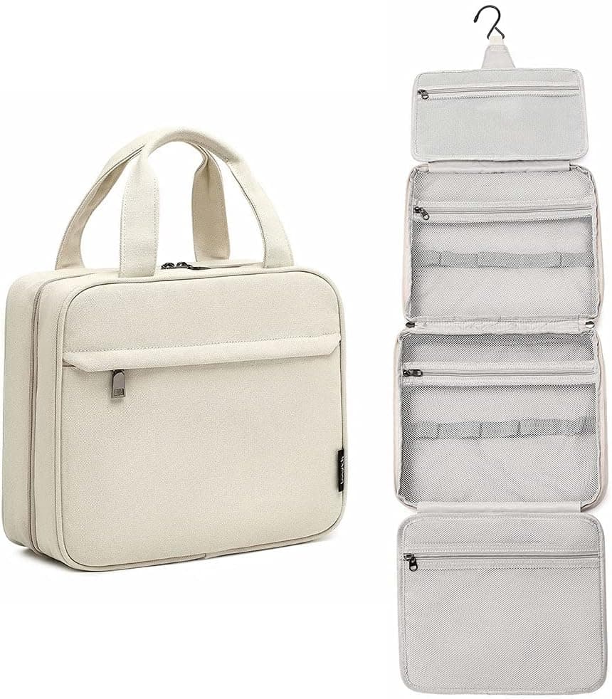 Imyth Travel Toiletry Bag for Women, Canvas Hanging Toiletry Bag Organizer, Large Capacity Cosmetic Bag for Full Sized Toiletries (large, Beige)