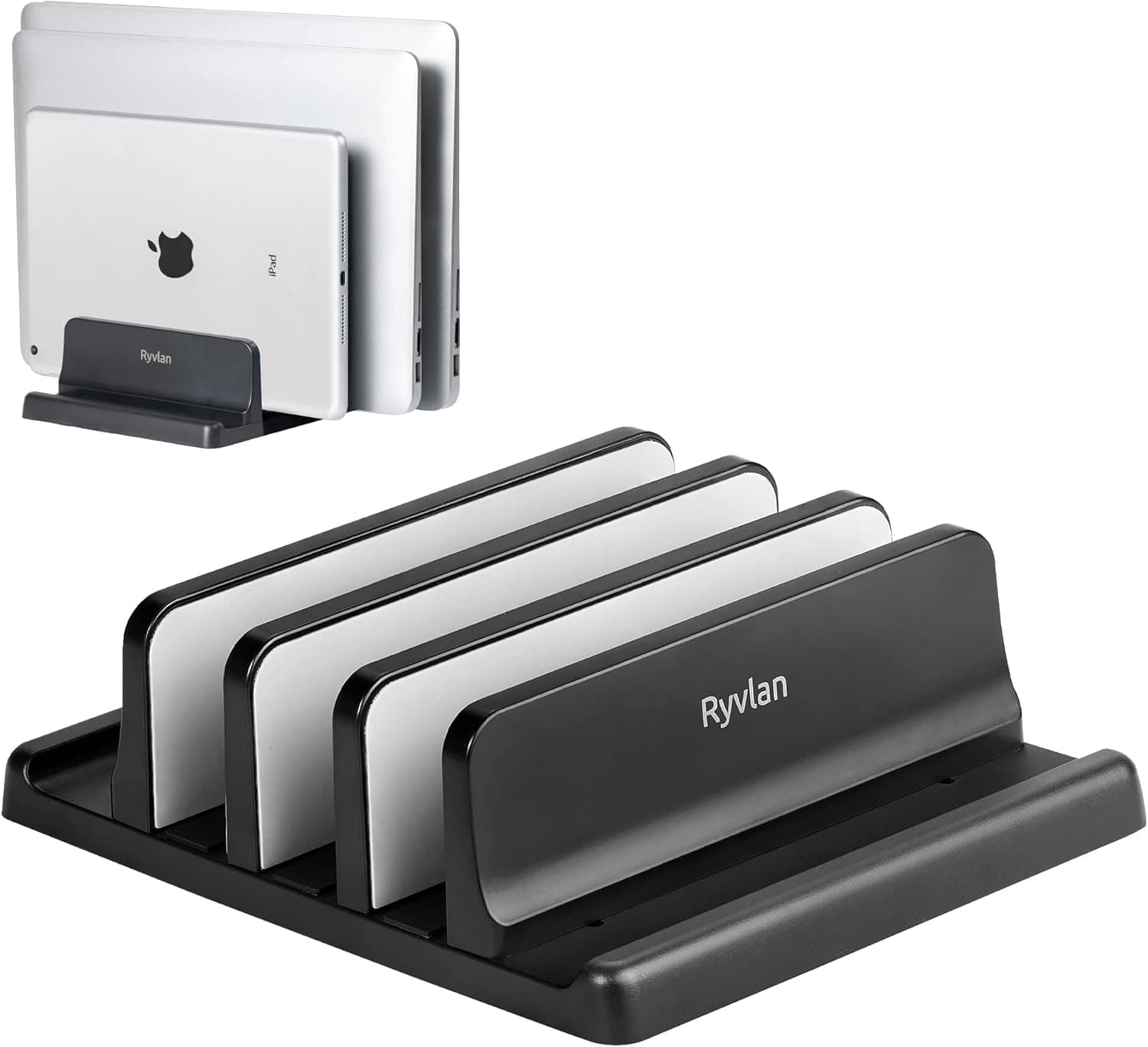 Ryvlan Vertical Laptop Stand, Adjustable 3 Slot Laptop Storage with Rubber Padding, Multiple Laptop Holder for Desk, Premium Plastic MacBook Holder - Ipad Shelf, Kindle Storage, Tablet Stand - Black