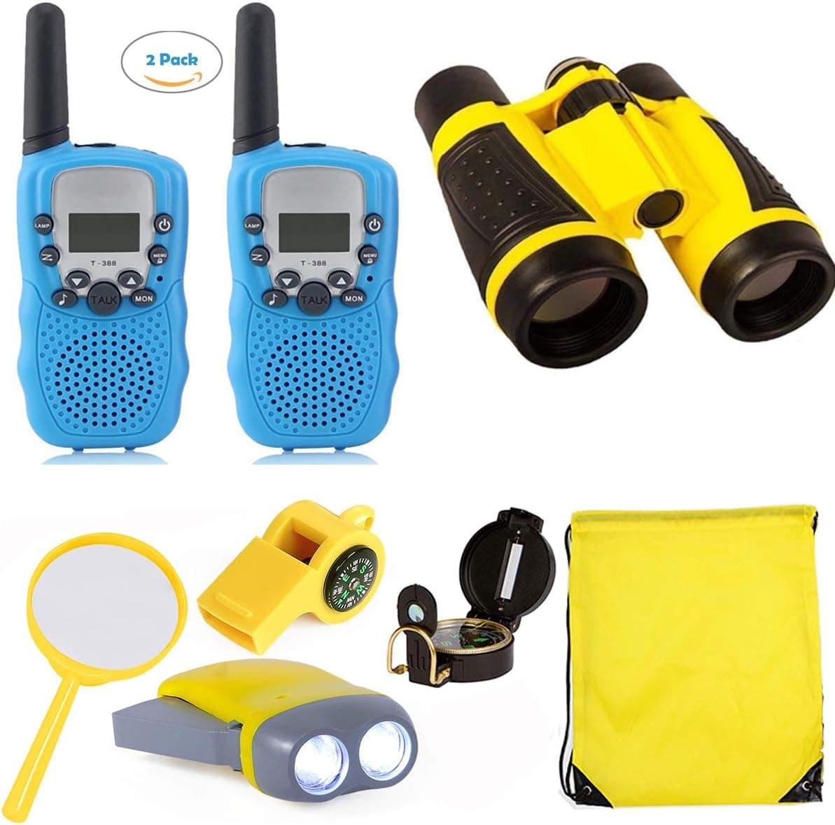 Woltechz Explorer Kit for Kids 2packs Walkie Talkies with 3KM Long Rang/Binoculars for Kids/Flashlight/Compass Adventure Kit for Kids Gift for Camping, Hiking, STEM Toys