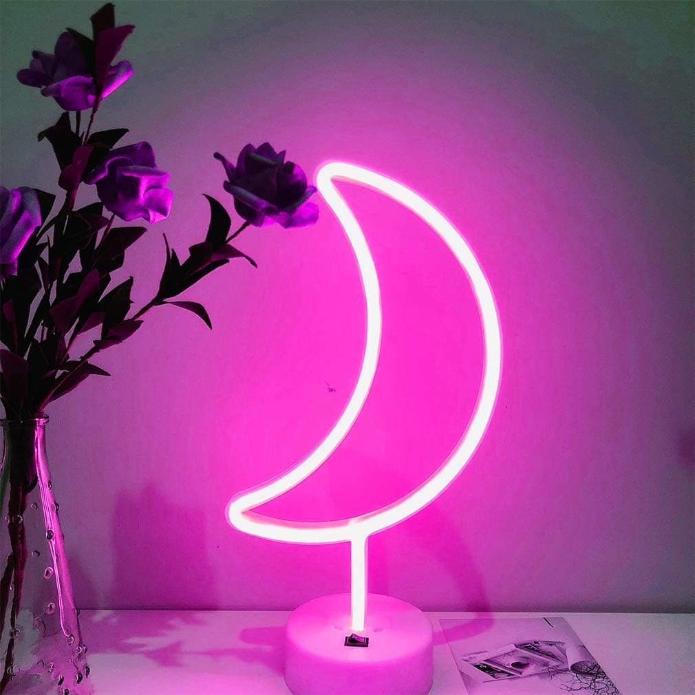 DANIDEER Moon Led Neon Sign Art Decorative Lights Table Decoration Neon Lamp with Base for Kids boy and Girl Bedroom Unique Gift for Any Occasion (Pink)