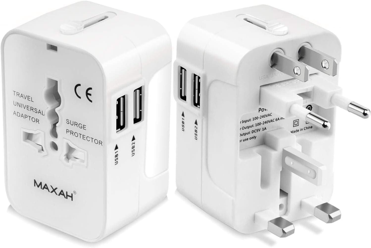 MAXAH® 2 USB Charging Port (1A) Surge Protector All in One Universal Worldwide Travel Wall Charger AC Power AU UK US EU Plug Adapter Adaptor (2 USB (1A) (Upgraded)