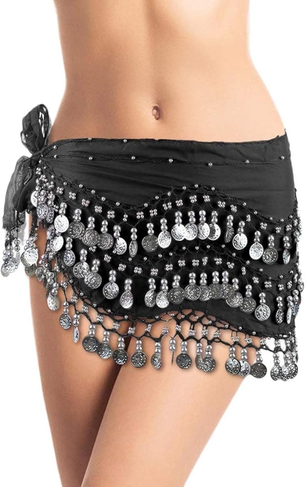 Belly Dance Hip Scarf, Belly Dancing Skirt Coin Sash Costume with Silver Coins