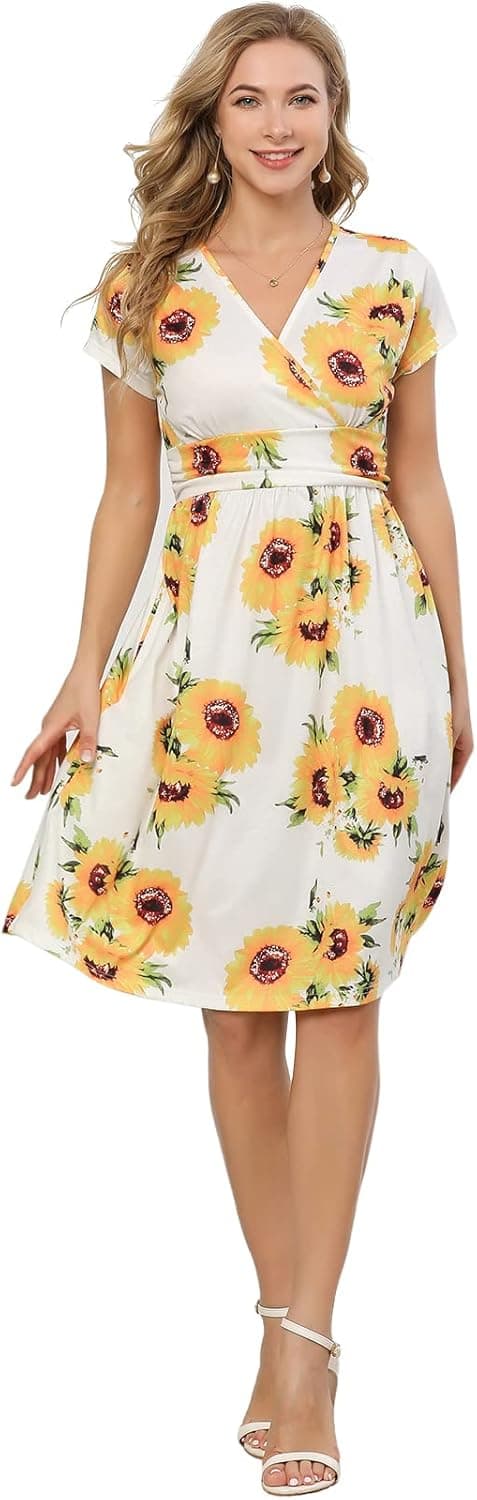Summer Short Sleeve Dresses for Women Beach Floral Sundress Sleeveless Pockets Casual Loose