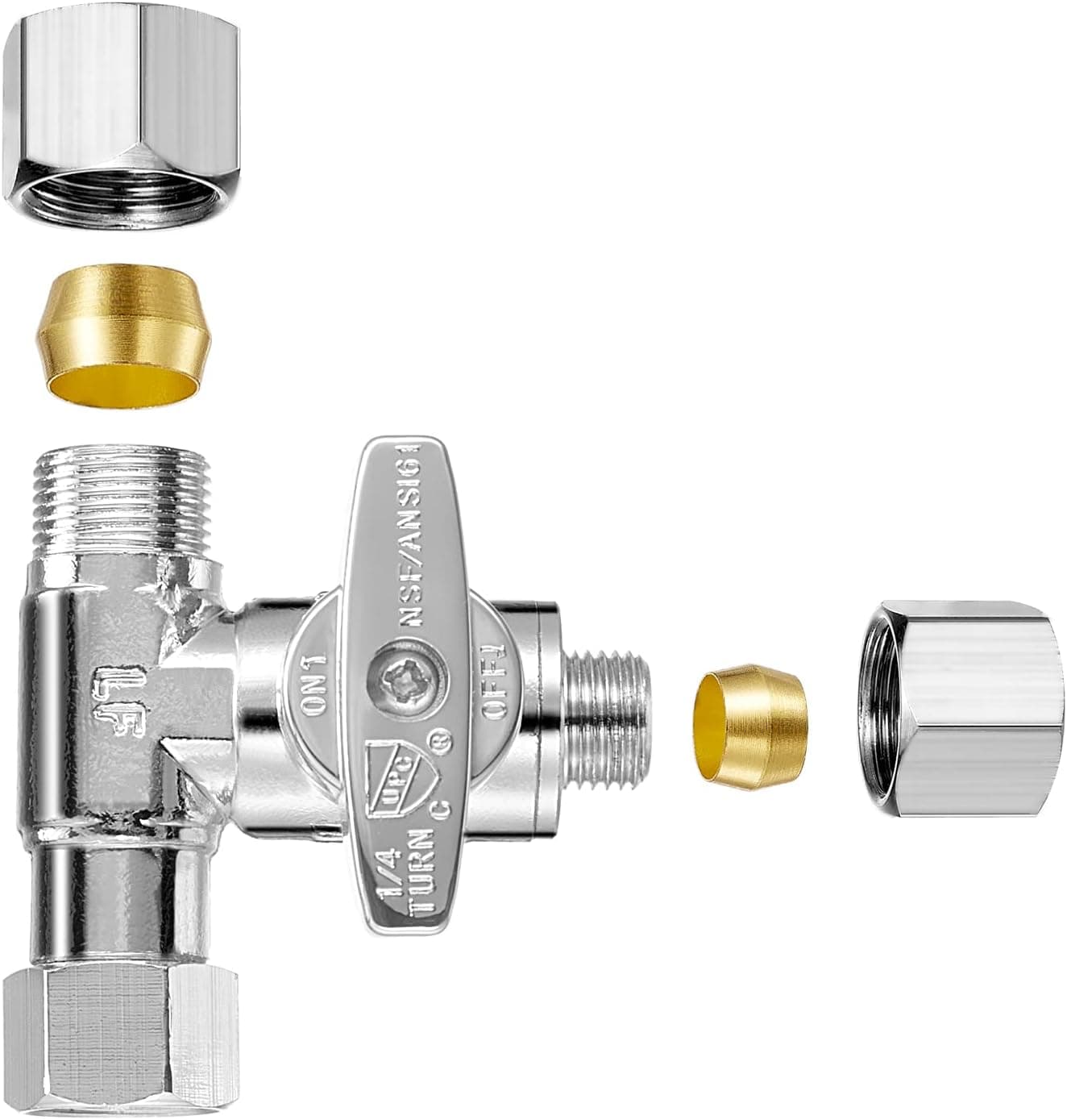 Tee Stop Valve - Lead-Free Add-A-Tee Valve 3/8 Inch x 3/8 Inch x 1/4 Inch,1/4 Turn,Brass Angle Stop Valve Adapter for Reverse Osmosis Water Filters,Ice Maker,Refrigerator