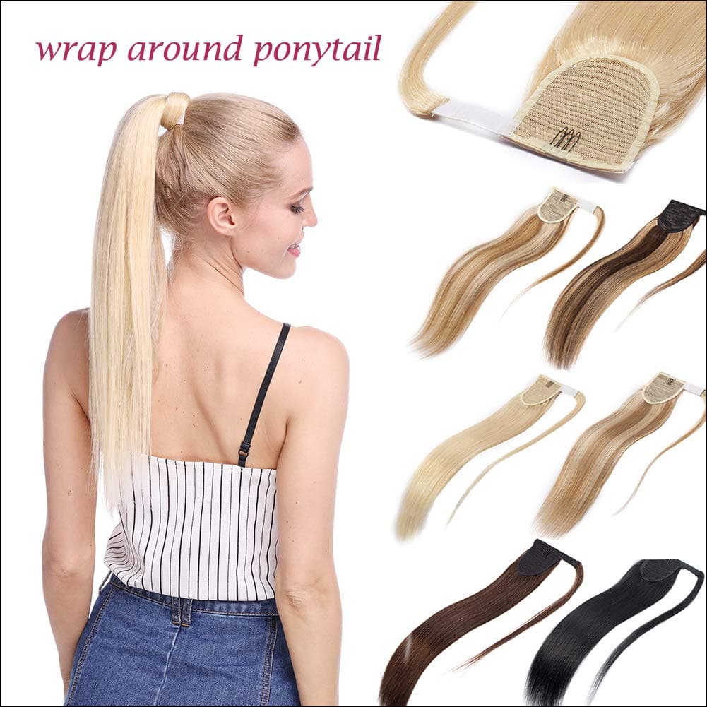 Wrap Around 100% Remy Human Hair Ponytail Extension Thick Long Straight Hairpiece with Comb Clip in One Piece Magic Paste Pony Tail For Women 14''/14 inch 80g #2 Dark Brown