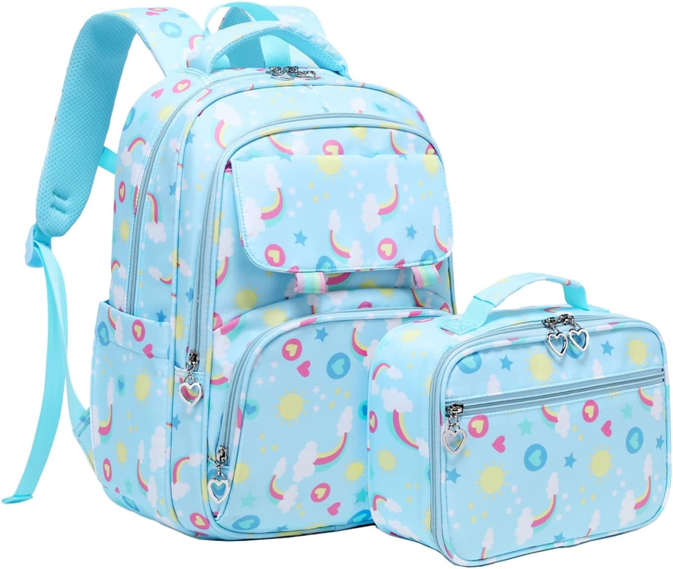 ZHIERNA School Backpack with Lunch Bag for Teen Girls,15.6’’ Laptop Backpacks, 2Pcs Set College Bookbags with Reflective Tape (Blue)