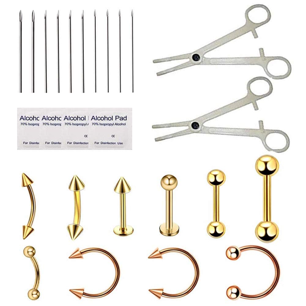 Romlon Piercing Kit, 36PCS Professional Piercing Kit 14G 16G 18G Steel Piercing Needles Belly Ring Tongue Tragus Nipple Lip Nose with Alcohol Pads for Piercing Kit and Piercing Supplies