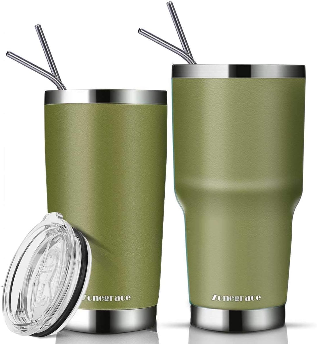 ZONEGRACE 2 Pack Olive Green 20 oz and 30 oz Classic Tumbler with Straw Lid Travel Mug Gift Vacuum Insulated Coffee Beer Pint Cup 18/8 Stainless Steel Water Bottle
