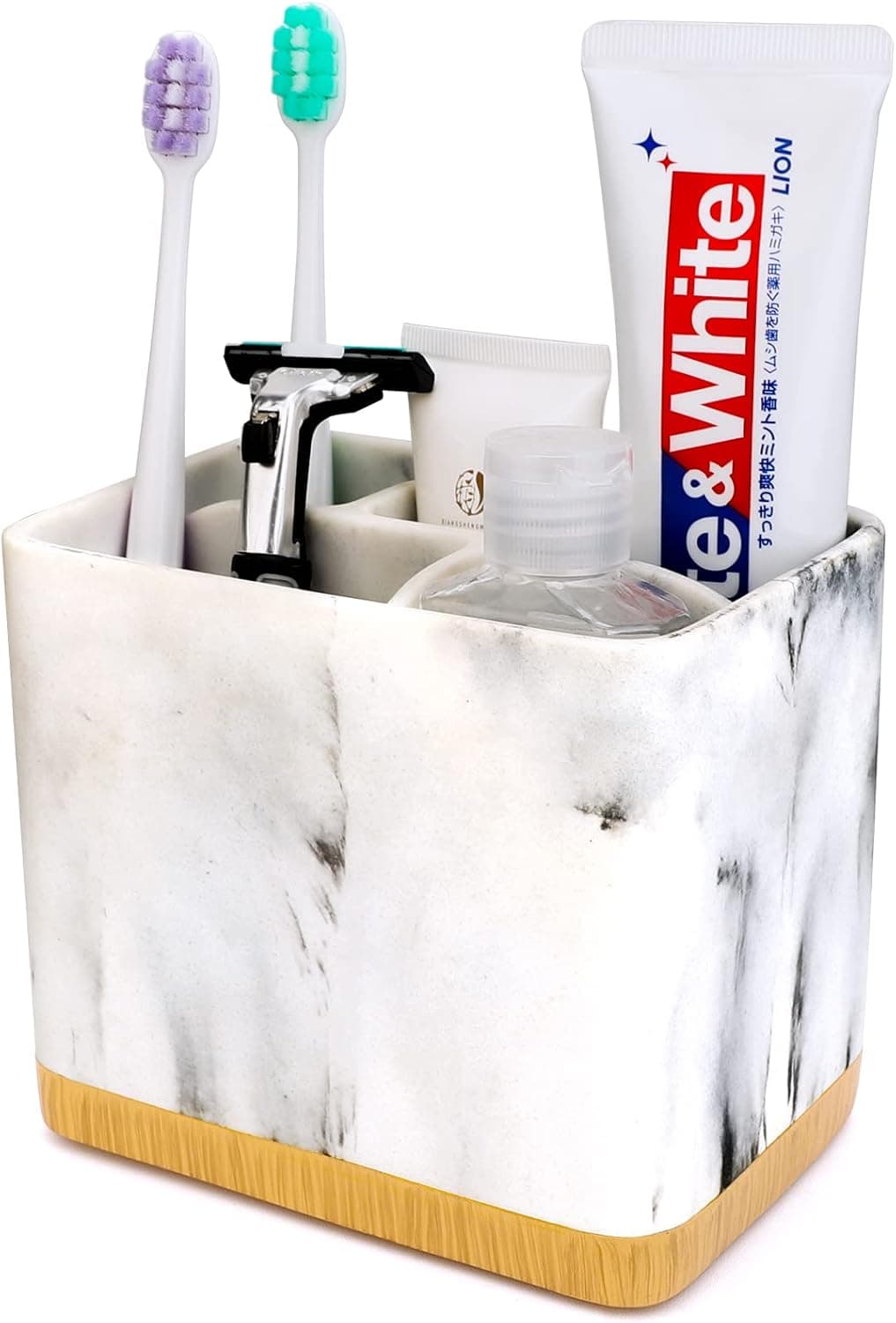 Toothbrush Holders for Bathrooms - Bathroom Vanity Organizer Countertop, Electric Toothbrush and Toothpaste Holder with 5 Compartments and Drainage Holes, Tooth Brushing Holder Marble White