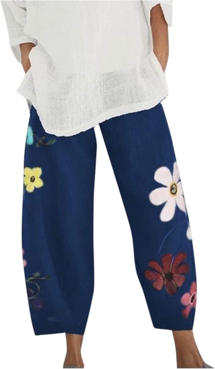 889 Cotton Linen Capri Pants for Women Solid Elastic Waist Harem Trousers Pocket Casual Cropped Pants