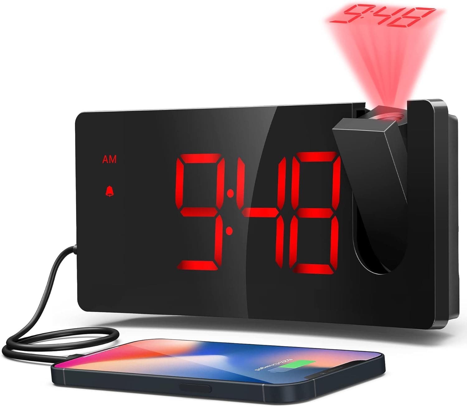 Digital Clock, Projection Alarm Clocks for Bedrooms with 180° Projector, Red LED Display with 3 Brightness Levels, Bedside Clock with USB Charging Port, Large Display, Progressive Beep,Snooze, 12/24H