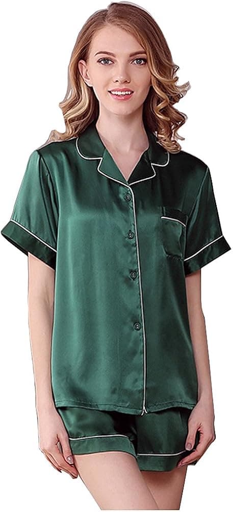 NANJUN Women's Silky Satin Pajamas Sleepwear Short and Long Button-Down Pj Set