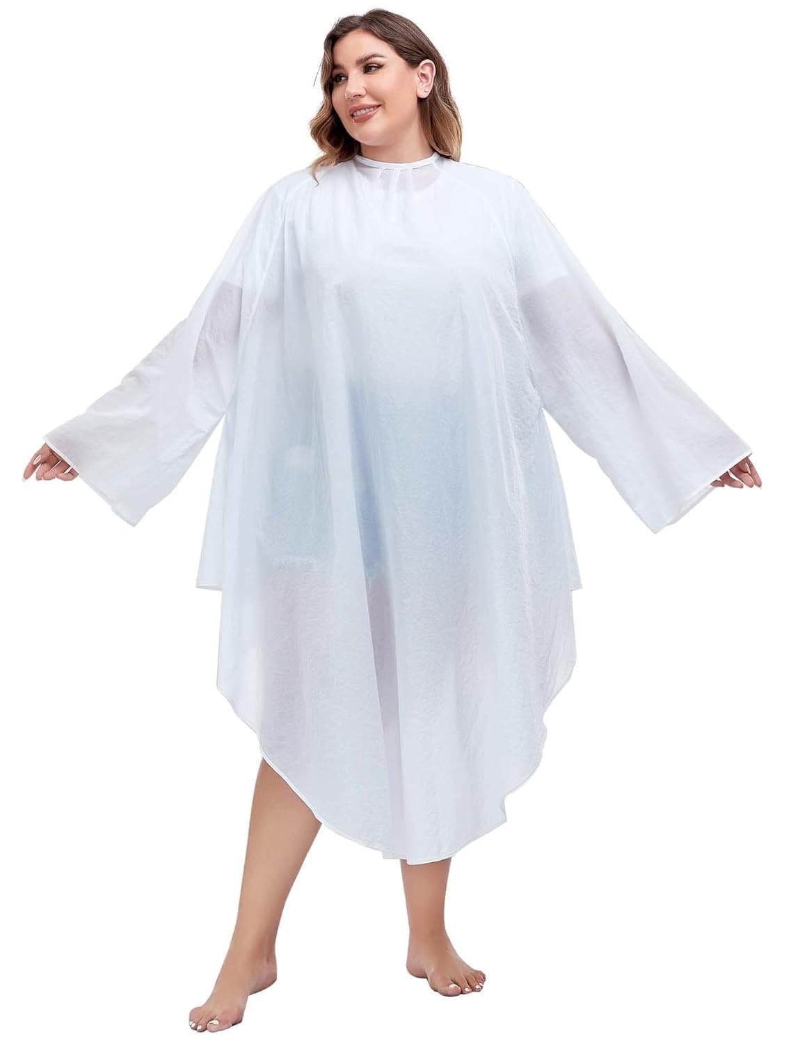 Professional Salon Client Nylon Hair Cutting Cape Gown, Barber Haircut Cape with Sleeves - White