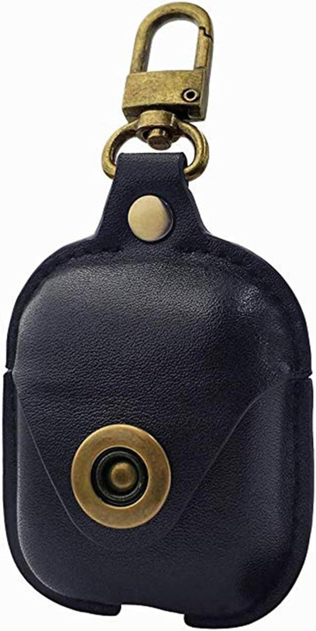 AirPods Leather Case Cover with Keychain, Genuine Leather Portable Full Protective Shockproof Case Cover for Apple AirPods 1 Case & Airpods 2 case Support Wireless Charging