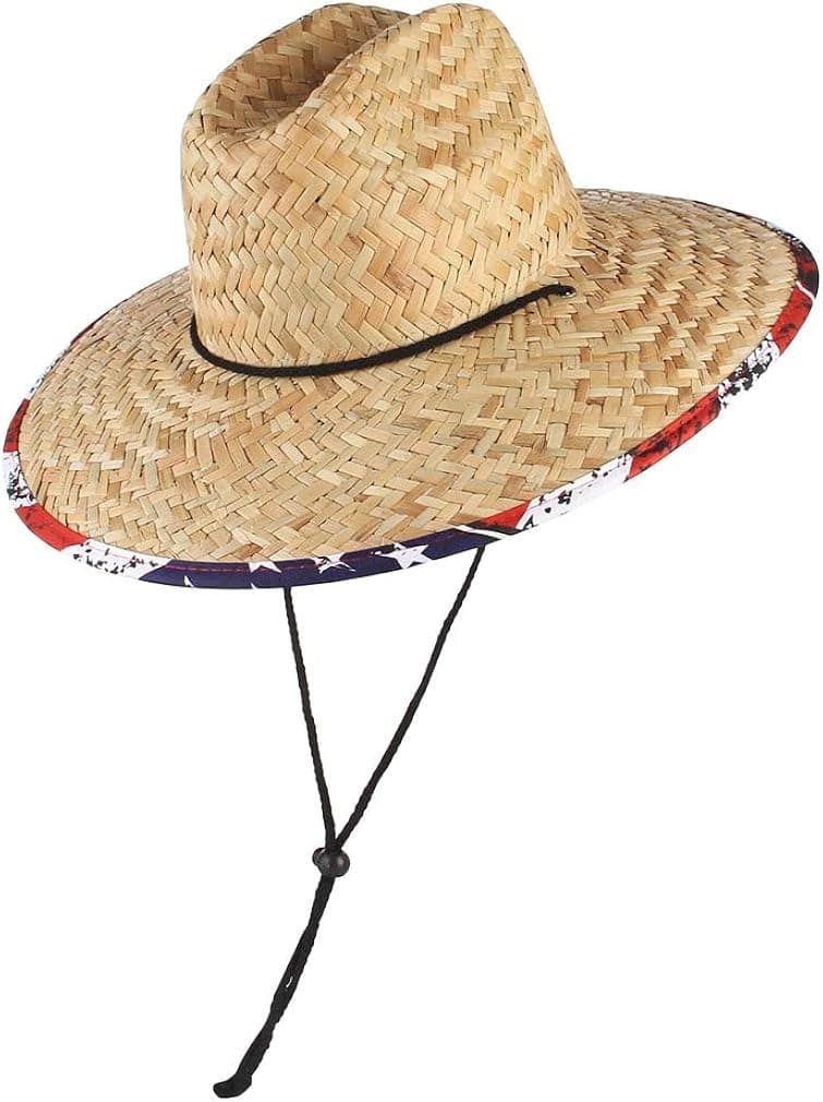 GEMVIE UPF 50+ Straw Lifeguard Hat,Unisex Straw Sun Hat Printed Wide Brim Summer Beach Straw Fedora Cap Outdoor Fishing Hat