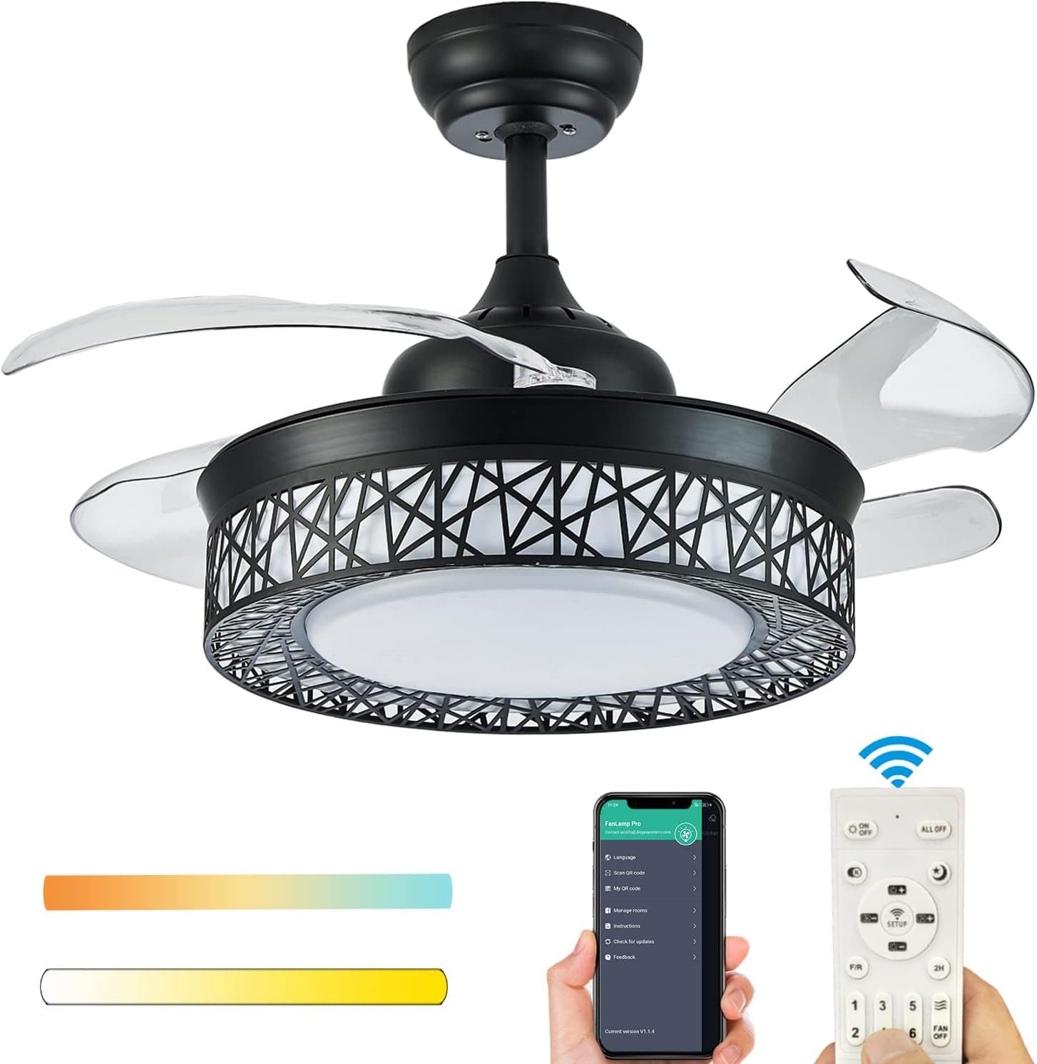 Trssdre 42" Dimmable Ceiling Fan with Lights, Retractable Invisible Ceiling Fan Chandelier with Remote Control, LED Fandelier for Bedroom Living Room Black Silent Industrial 6 Speed Timing