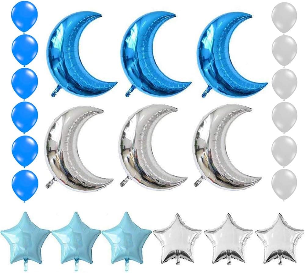KEYOOMY Moon and Star Balloons (Blue and Silver, 36 In)