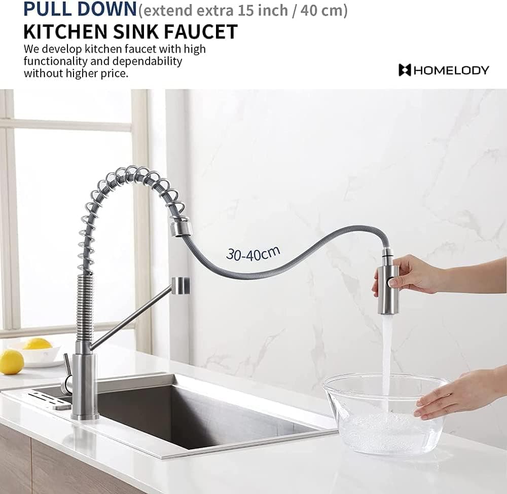 HOMELODY Kitchen Faucet with Pull Down Sprayer,Kitchen Sink Faucet for 360°Swivel Single Handle Spring,304 Stainless Steel for Farmhouse Bar Laundry Sink Faucet Bathroom 1 Hole Sink(Brushed Nickel)