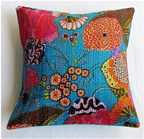 Jagfhhs TURQUOISE FLORAL KANTHA DECORATIVE THROW PILLOW CUSHION COVER Boho Bohemian Decor 22x22 inch