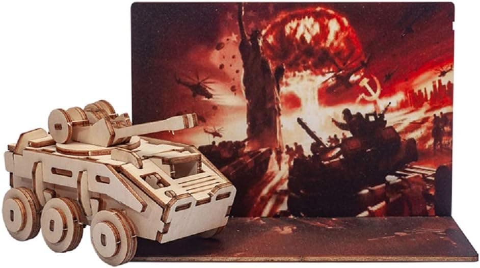 3D Wooden Puzzle Armored Car Model Postcard DIY Assembly Toy Wood Craft Mechanical Constructor Vehicle Christmas Cards Greeting Holiday Birthday Wood Postcards Gifts With Envelope for Adults Men Teens