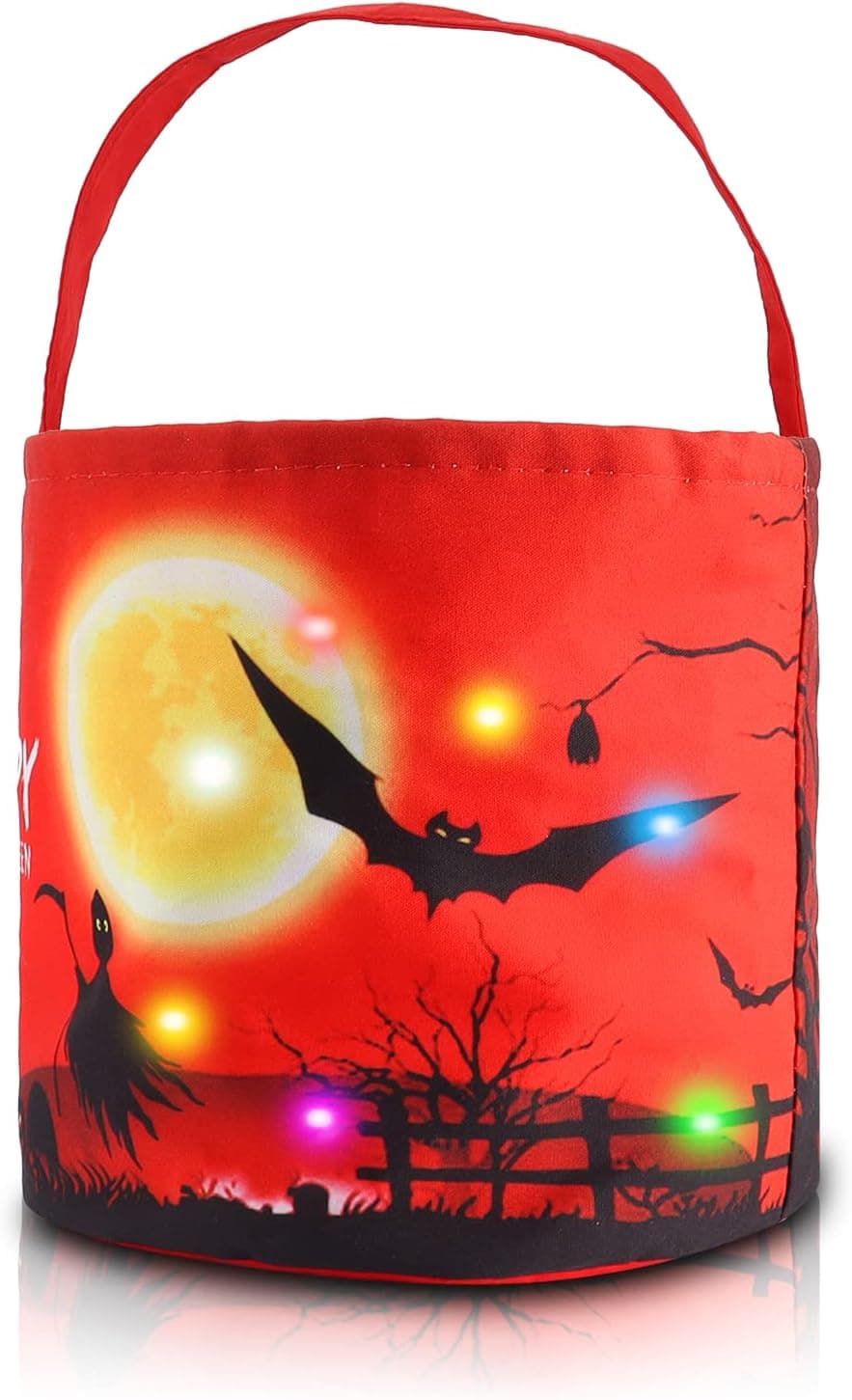 UPJWS Halloween Bucket, LED Light Up Halloween Trick or Treat Candy Bags Canvas Tote Bag Multipurpose Reusable Pumpkin Goodie Bucket for Kids Halloween