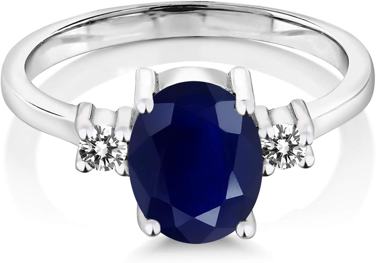 Gem Stone King 925 Sterling Silver Blue Sapphire and White Diamond Women's 3-Stone Women Ring (2.63 Cttw, Gemstone Birthstone, Available in size 5, 6, 7, 8, 9)