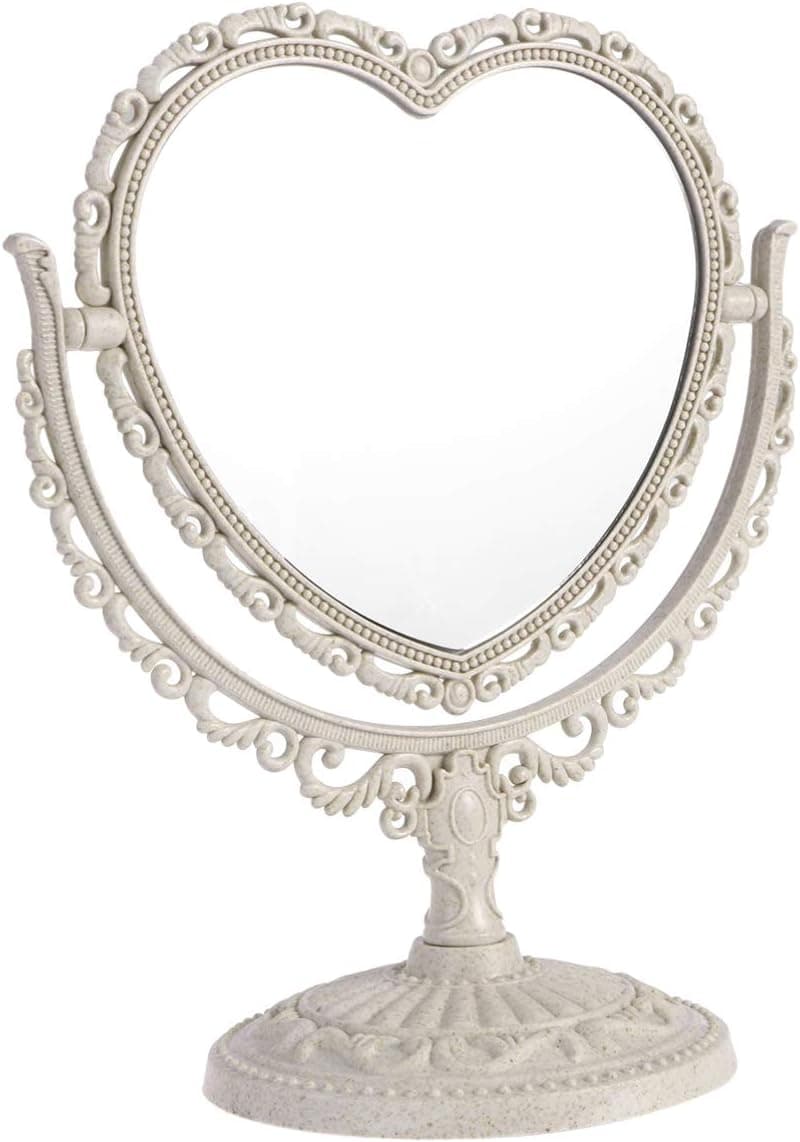 Beaupretty Heart Shape Vanity Mirror Double Sided Makeup Mirror with 360 Degree Table Mirror with Stand for Bathroom, Bedroom ( Beige )