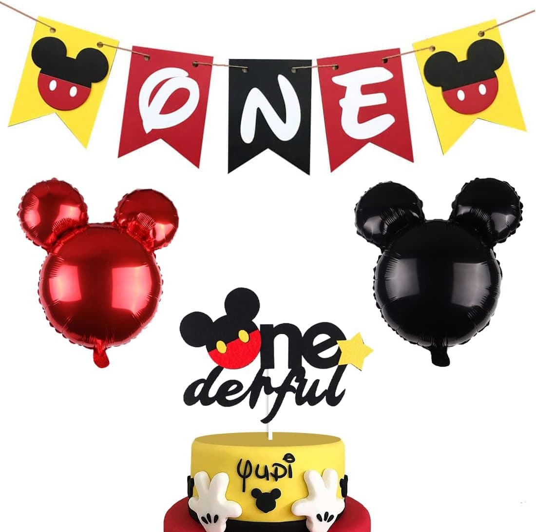 Mickey 1st Birthday Decorations Party Supplies - Mickey One Banner High Chair Banner,Mickey One Cake Topper for Boy Girl One Birthday Decoration