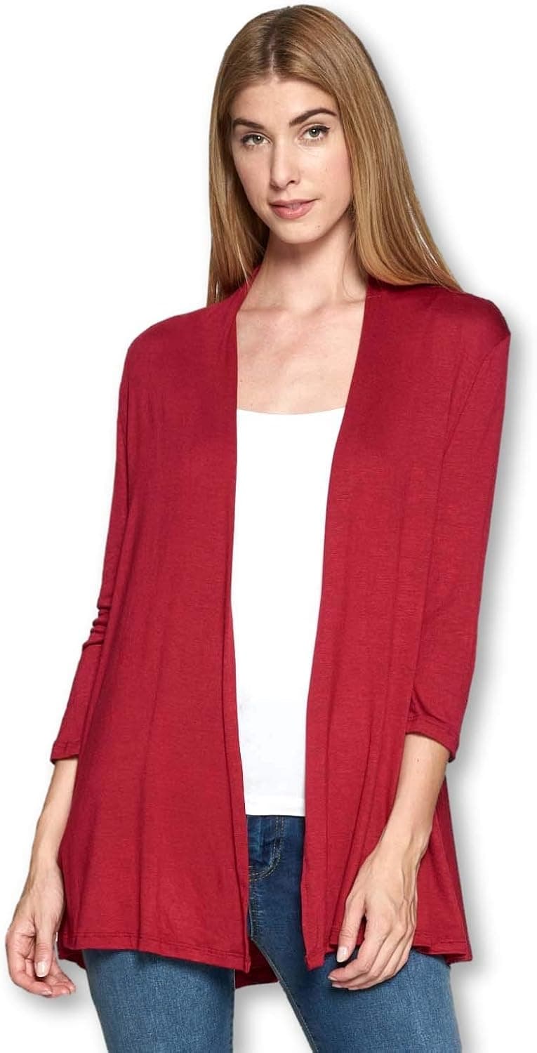 Women's 3/4 Sleeve Extra Soft Open Front Casual Flowy Bamboo Cardigan - Made in USA